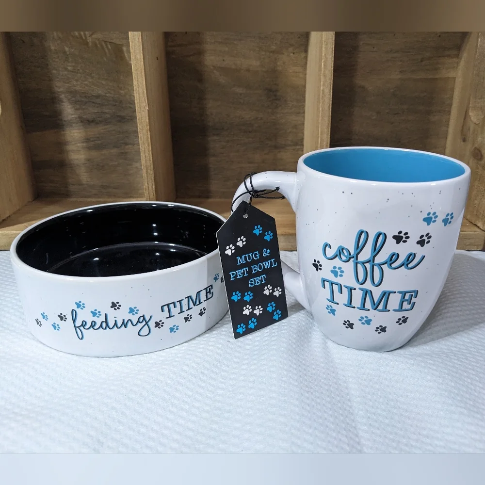 💙 Coffee Time & 🐾 Feeding Time Pet Mug Bowl Set NEW